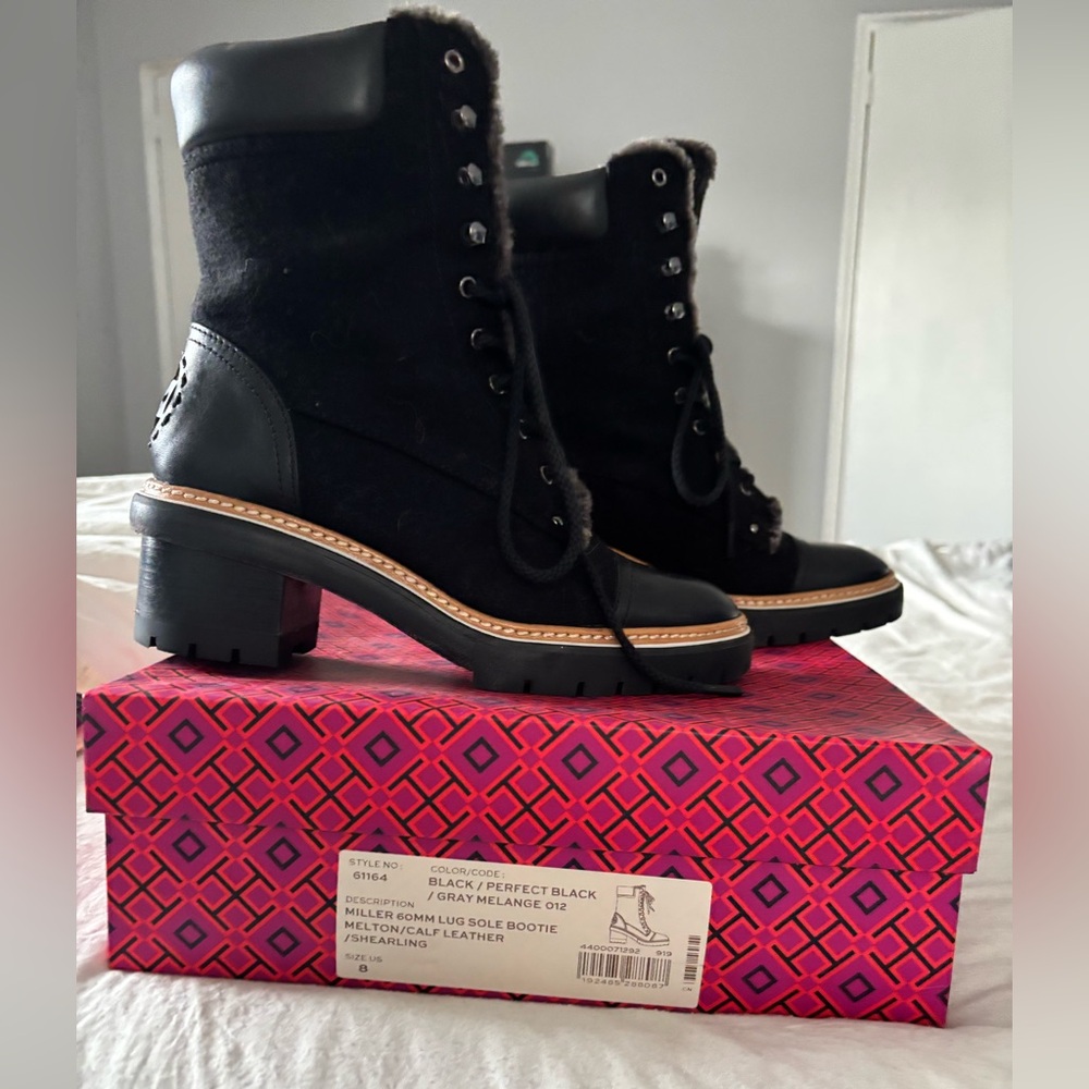 Tory Burch Black Lug Sole size 8 Bootie. Used, like new. Includes box and bag.